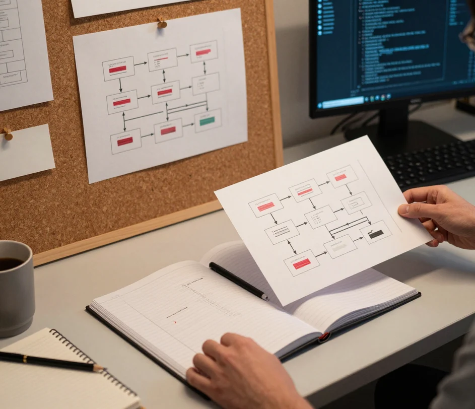 An engineering documentation desk where printed UML class diagram illustrations circulate between a corkboard pin-up, an open design-document binder, and a pair of hands in a code-review pass, with a dark terminal glow soft in the background