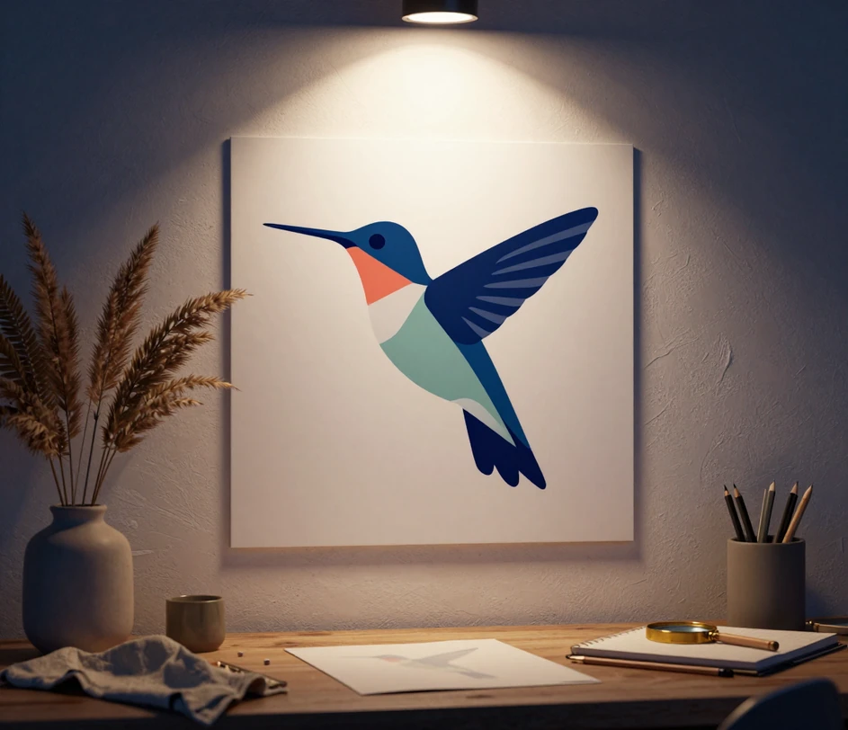 A finished hummingbird vector mark mounted on a textured studio wall under a spotlight, above a drafting desk with dried pampas grass, a linen cloth and a brass loupe