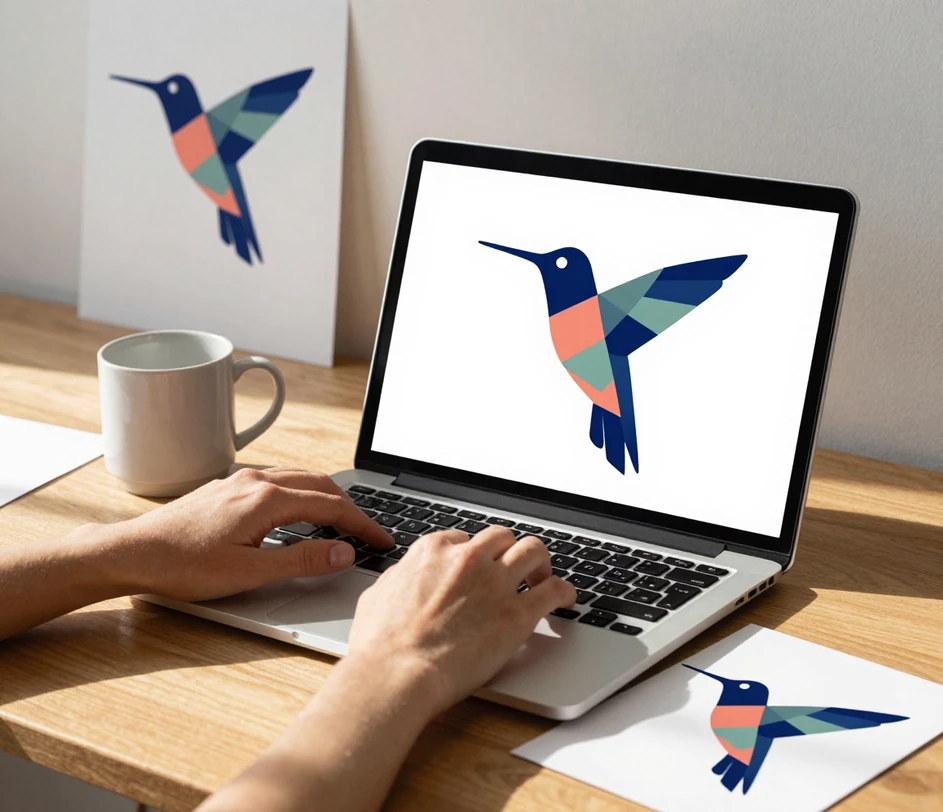 A designer typing a prompt at a drafting desk while a glowing vector hummingbird mark assembles itself on the laptop screen in clean indigo and coral shapes