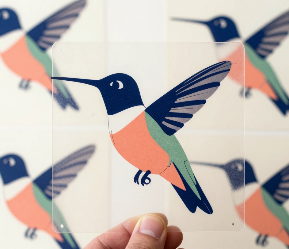 A transparent acetate sheet over a printed hummingbird proof, with thin guide lines and square anchor handles tracing the wing and tail