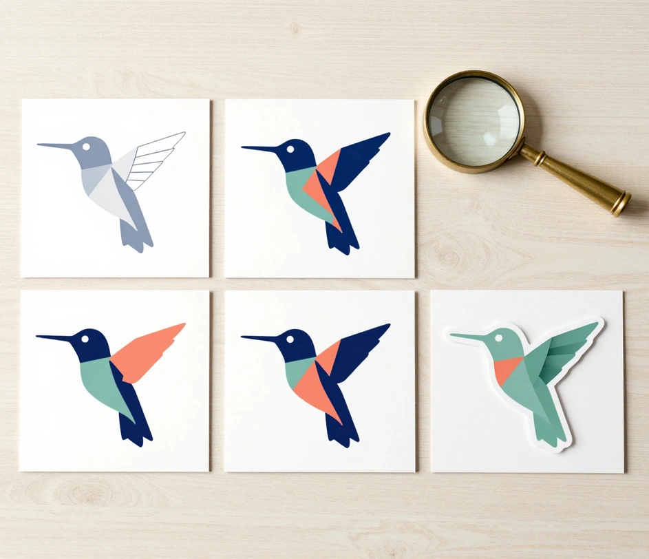 Five printed cards on a drafting table showing the same hummingbird mark in five different vector treatments