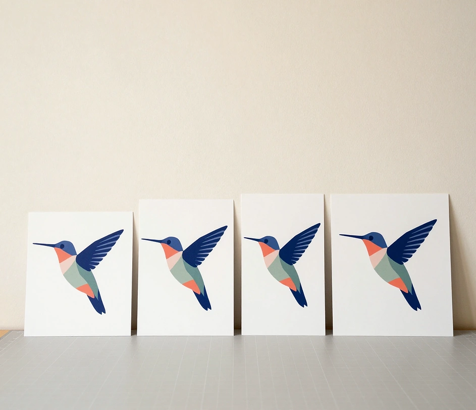Four printed hummingbird marks on separate proof sheets lined up on a light gray cutting mat, showing square, landscape, portrait and banner proportions