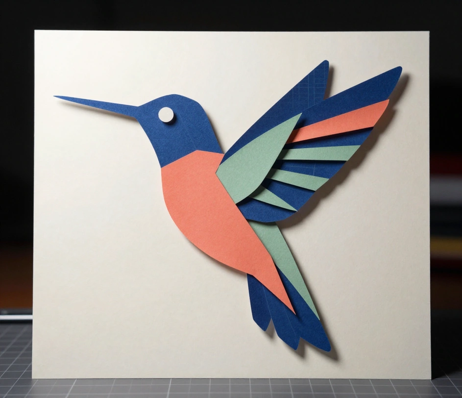 An extreme macro of a layered papercut hummingbird mark, with crisp cut edges and fine feather paths under raking light