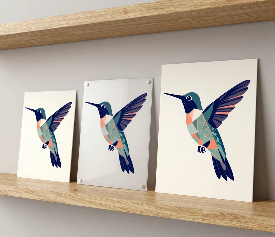 Three printed hummingbird marks on a wooden shelf, stepping up in size and detail from a soft raster proof to a large 3K print