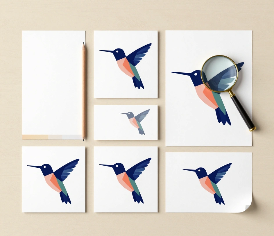 An overhead proofing table with printed hummingbird marks, a pencil on a blank card, a brass loupe and a die-cut sticker sheet