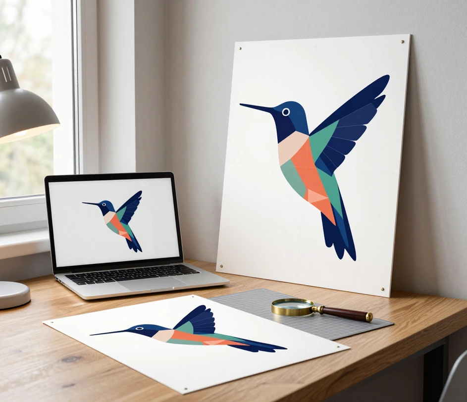 A vector proofing desk with the same hummingbird mark printed on a large poster and a proof sheet beside a laptop showing the artwork, under a warm task lamp