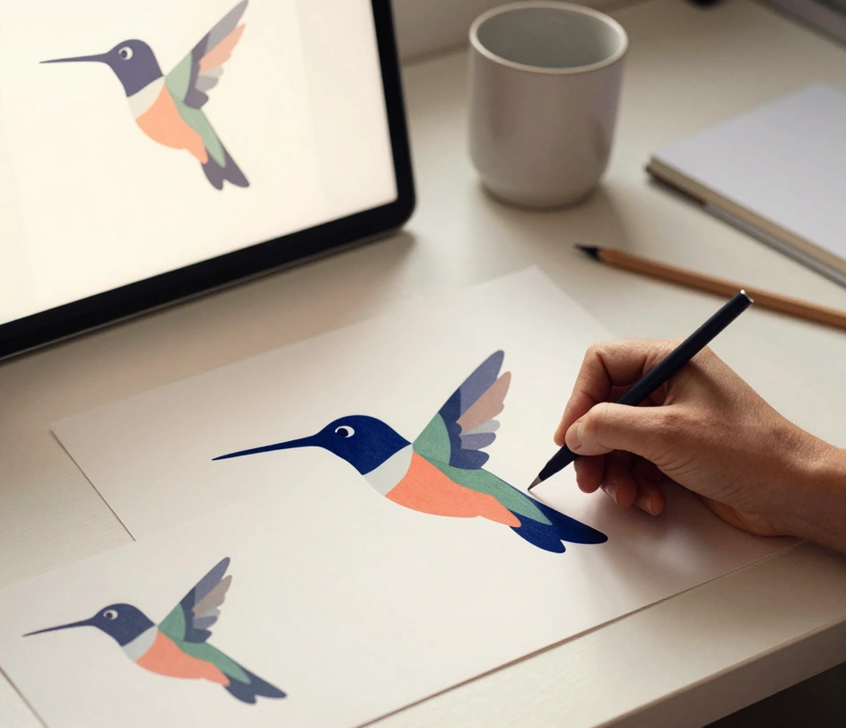 A hand sketching a hummingbird outline in pencil on paper beside a laptop keyboard, warm morning light across the desk