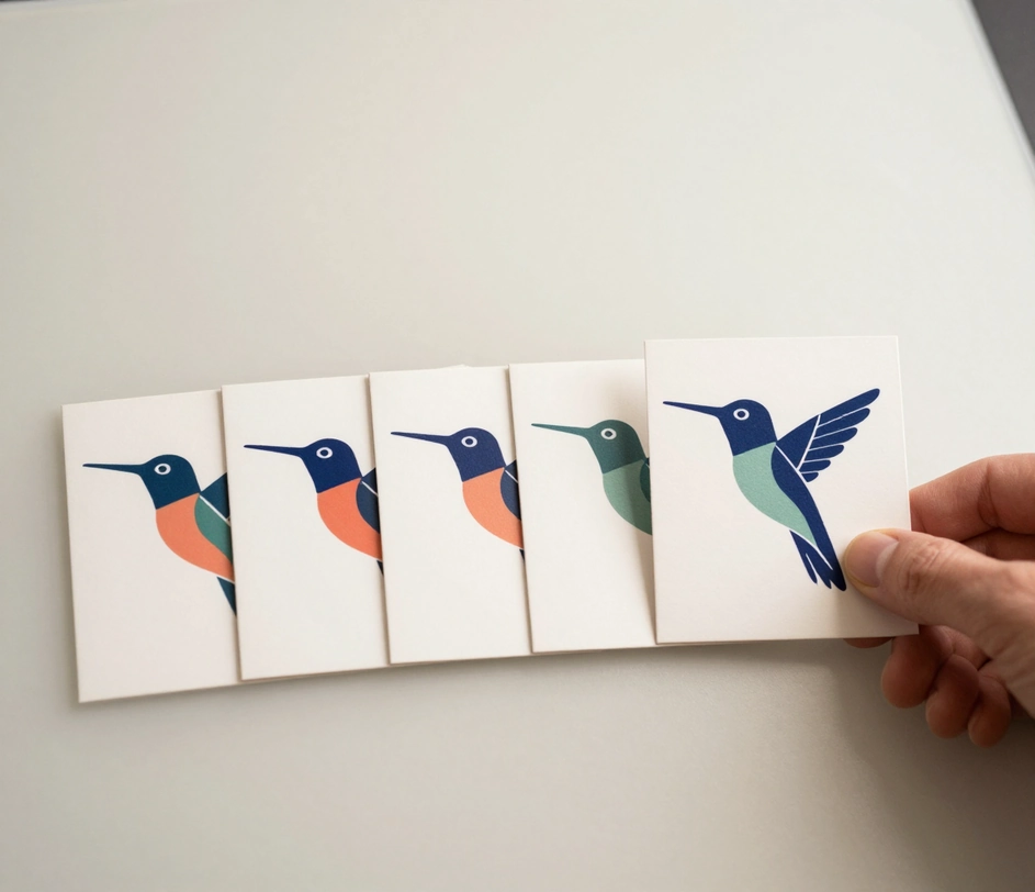 Five printed style cards standing in a row on a desk, a hand touching the last card