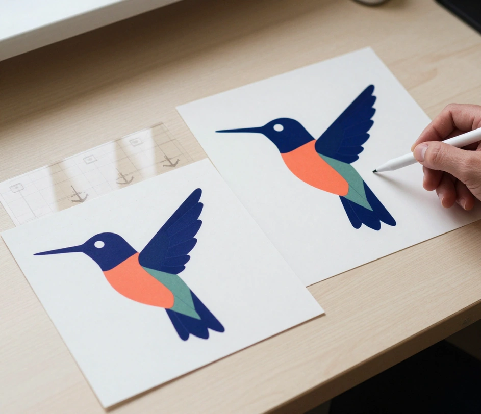 A hand holding a printed hummingbird proof beside a transparent acetate sheet with crisp vector-style edges on a desk