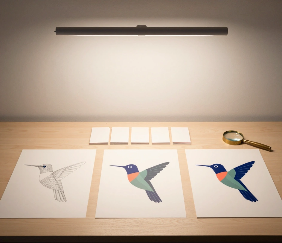 A three-stage drafting desk — a pencil sketch, five style cards and finished printed marks — showing the vector workflow end to end