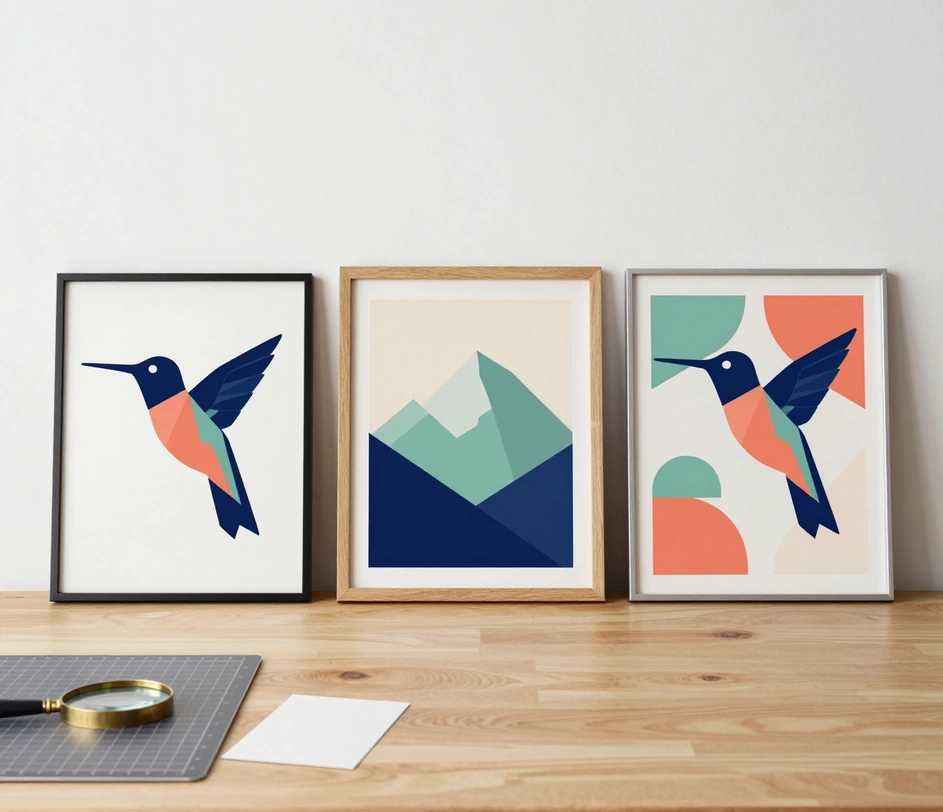 Three framed design outputs on a bright studio table — a vector mark, an illustration and a printed poster