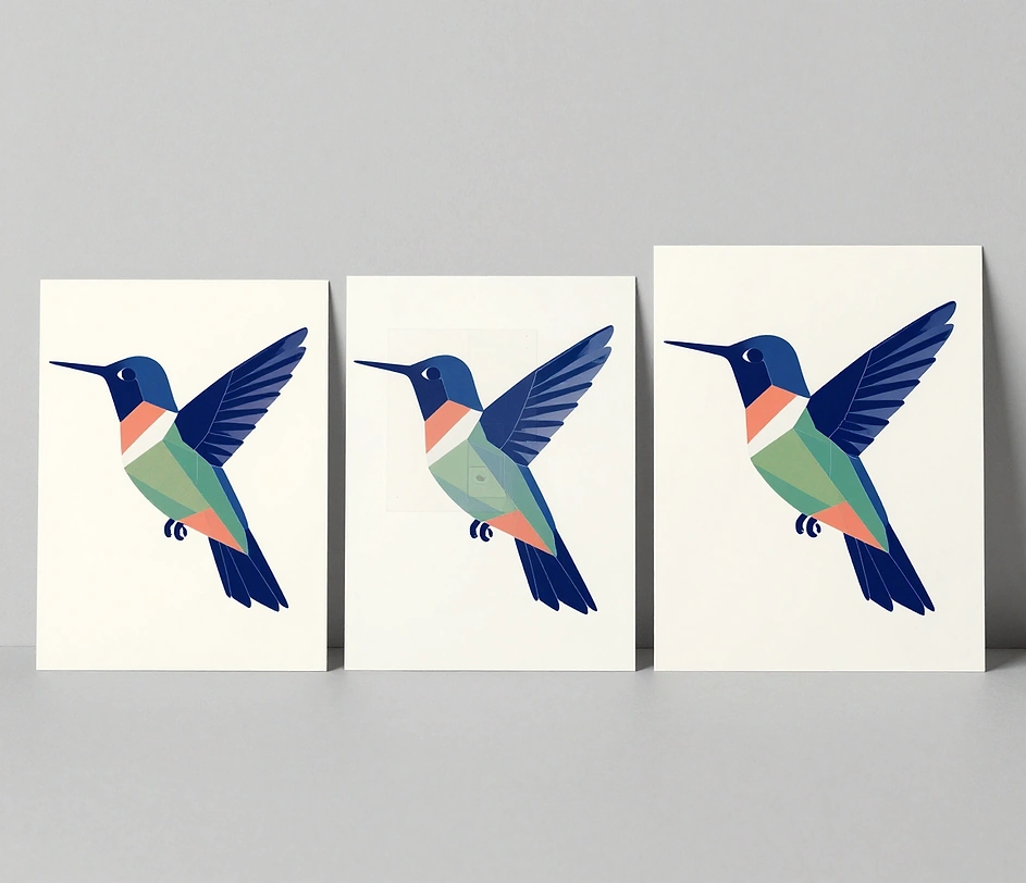 Three printed hummingbird marks standing side by side on a studio surface, stepping from a soft raster proof to a crisp vector proof and a large fine-detail print