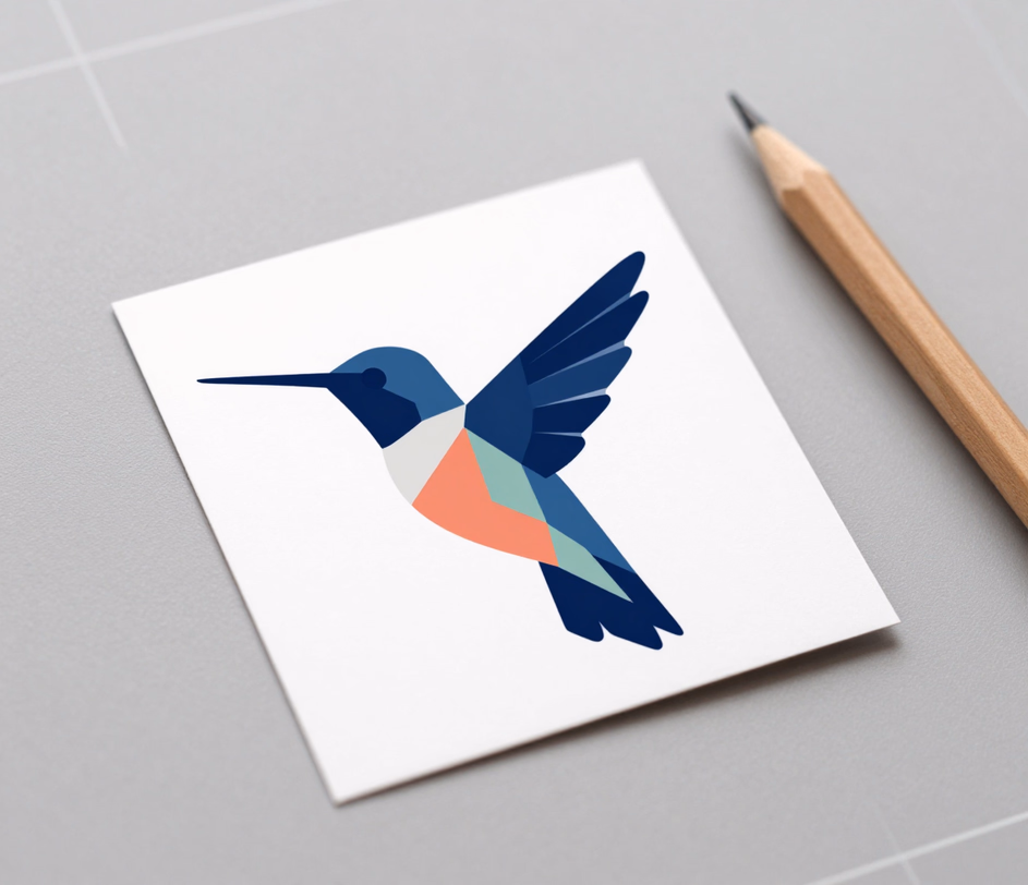 A flat-style hummingbird vector mark printed as a clean raster preview on white stock, shown at concept-review scale