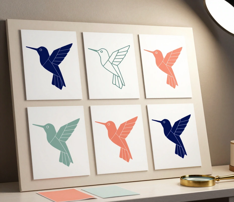 A brand board pinned with six flat and line-art hummingbird logo concepts on white cards, a brass loupe resting beside them