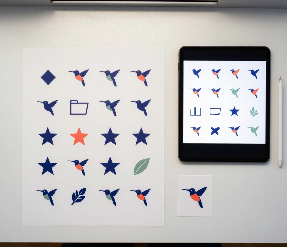 A printed sheet of twenty-four outline UI icons in a uniform grid on a bright drafting table, next to a tablet showing the same grid