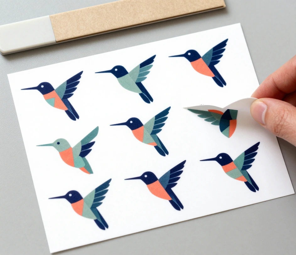 A die-cut sticker sheet with nine hummingbird sticker designs in coral, indigo and sage, one sticker peeled up at the corner