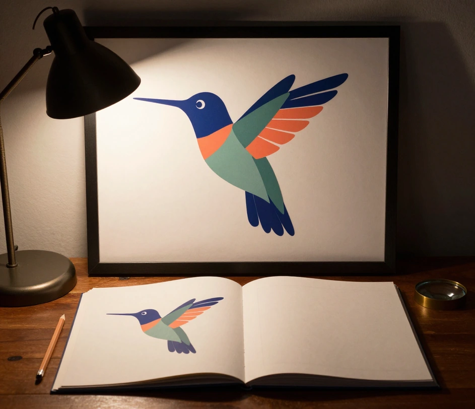 A framed flat vector hummingbird print above an open book showing the same mark on its blank pages