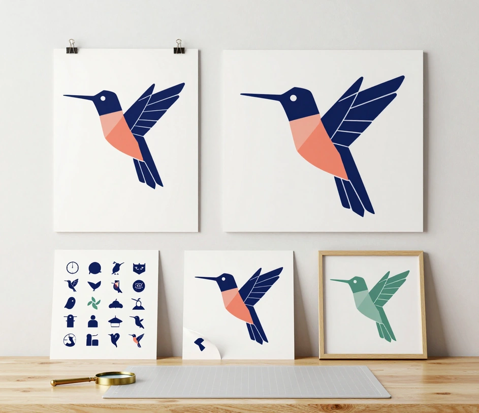 A studio wall with printed hummingbird proofs and an icon grid above a table with a peeled sticker sheet and a framed papercut
