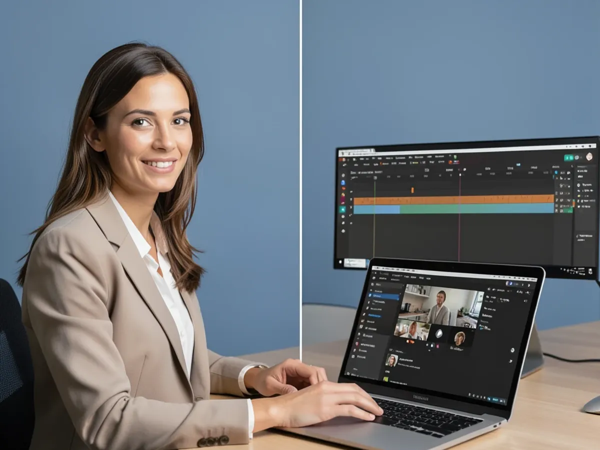 A professional presenting at a desk with the home office background cleanly removed, demonstrating how the tool isolates the speaker for polished corporate video content