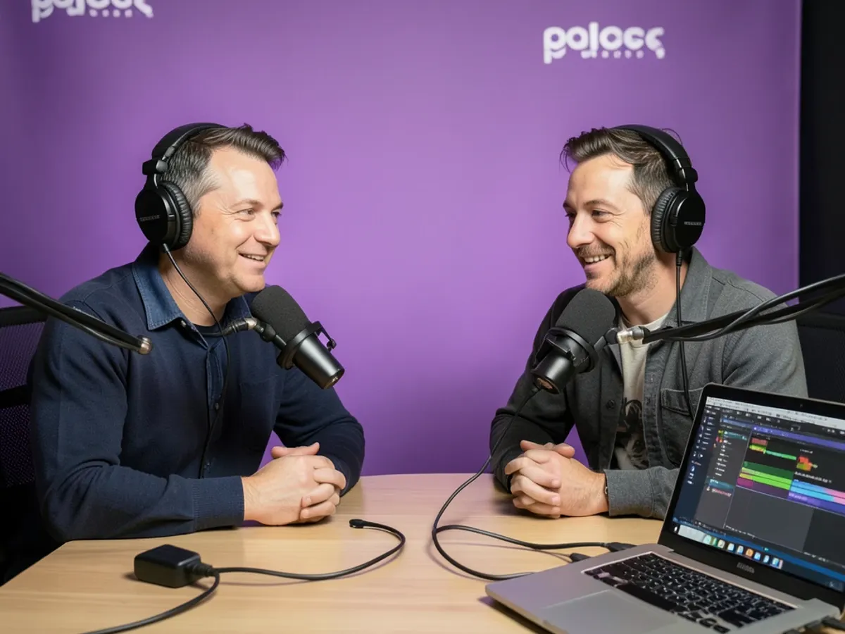 A podcast speaker in a casual living room setting with the background removed and replaced with a branded gradient, showing the tool's ability to isolate subjects for clip repurposing