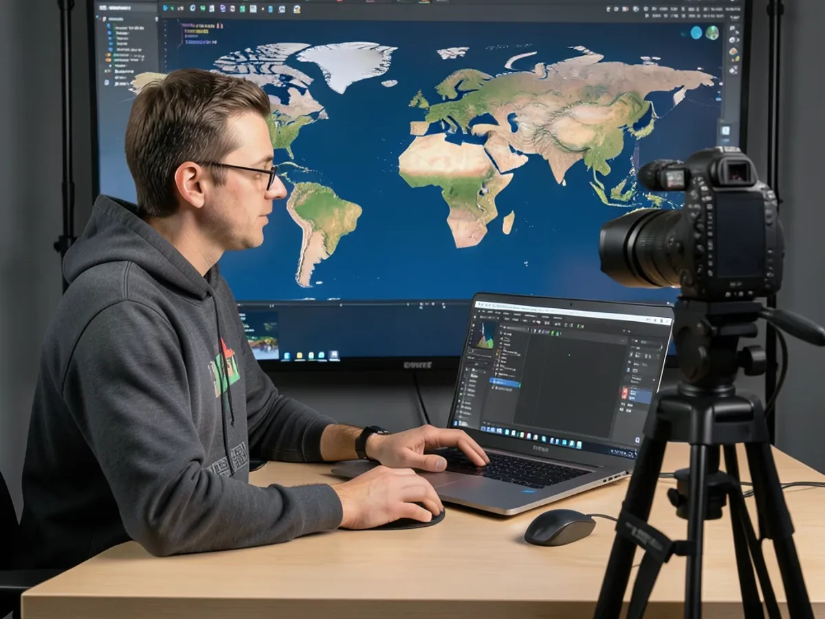 A YouTube-style tutorial frame where the creator's original bedroom background has been replaced with a relevant digital backdrop using AI background removal