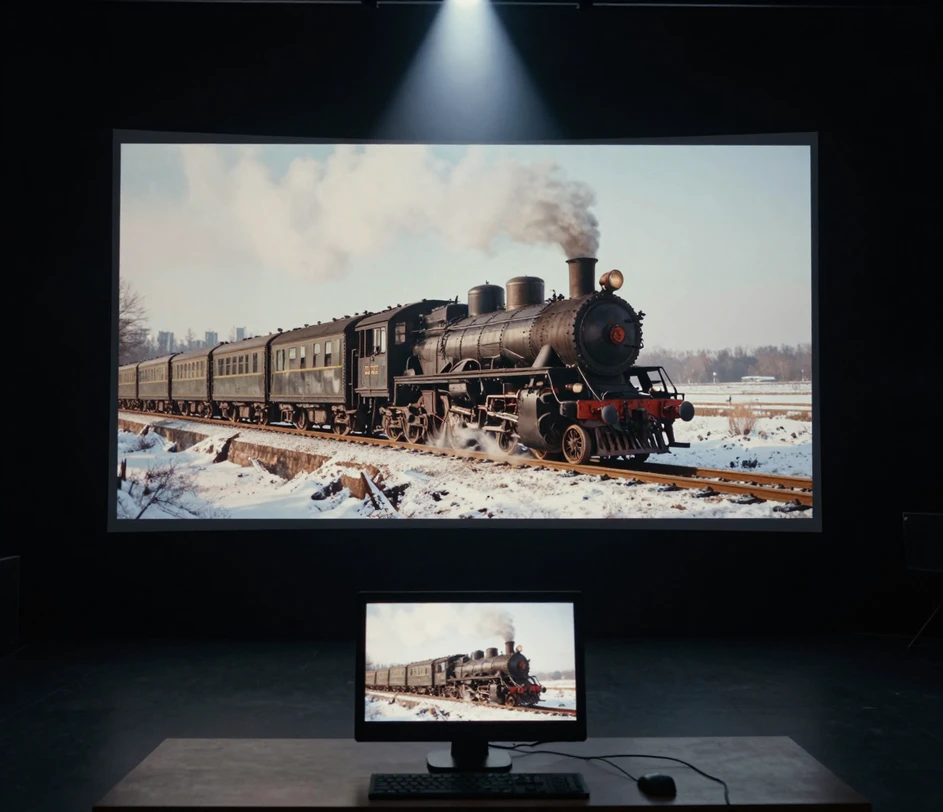 A grand floating screen unveiling an enhanced 4K cut of an archival clip — restored textures and clean edges glowing above the studio desk where the soft original still plays