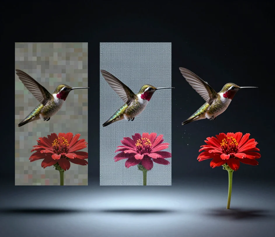 A video frame captured mid-upscale — chunky pixel squares on the left refining step by step into sharp feather and petal detail on the right