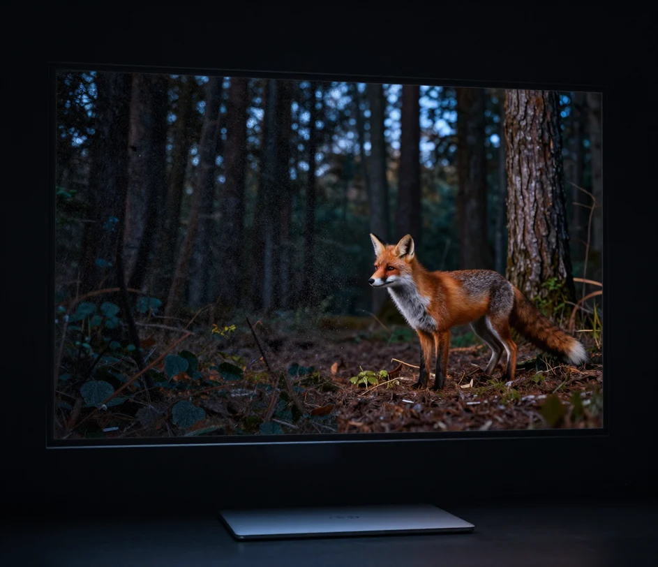 A noisy low-light forest clip cleaned per frame — grain lifting off the dark shadows while fur and bark detail stay crisp