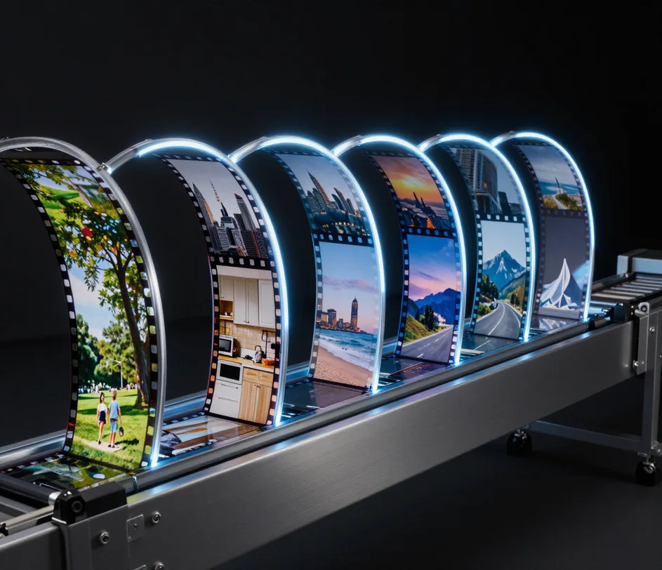 Several clips queued through the same enhancement pass — each film strip emerging equally sharp at a consistent output quality