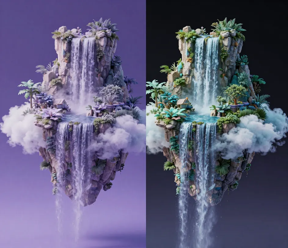 A generated fantasy scene enhanced to 4K — soft rendering and compression artifacts cleaned while architectural detail and lighting are reconstructed