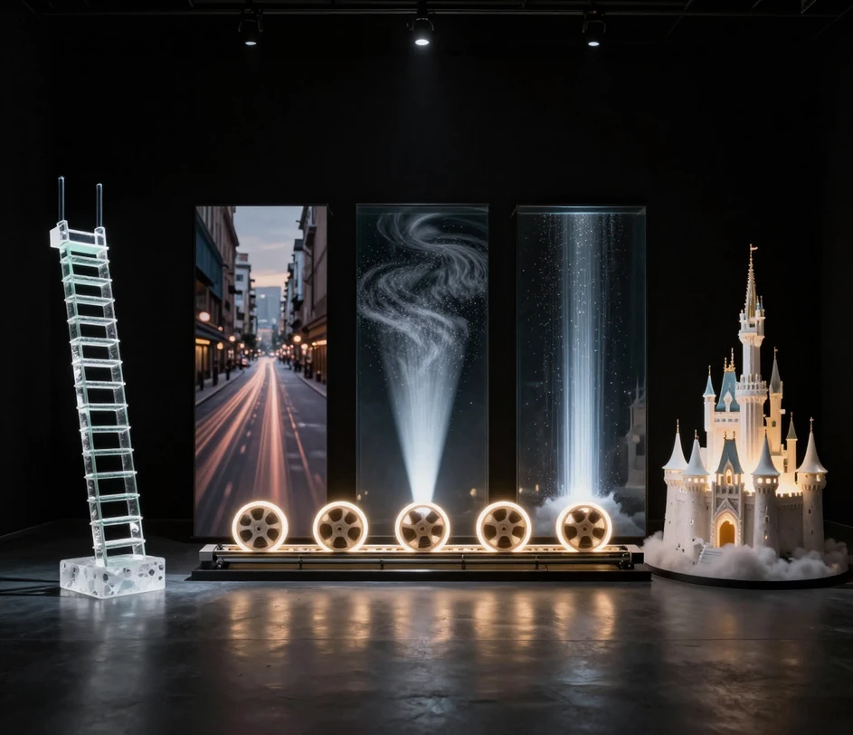 Five sculpted installations marking the enhancement pipeline — a resolution ladder, a blur swept clean, noise strained through a membrane, uniform processed reels, and a scene crystallizing into detail