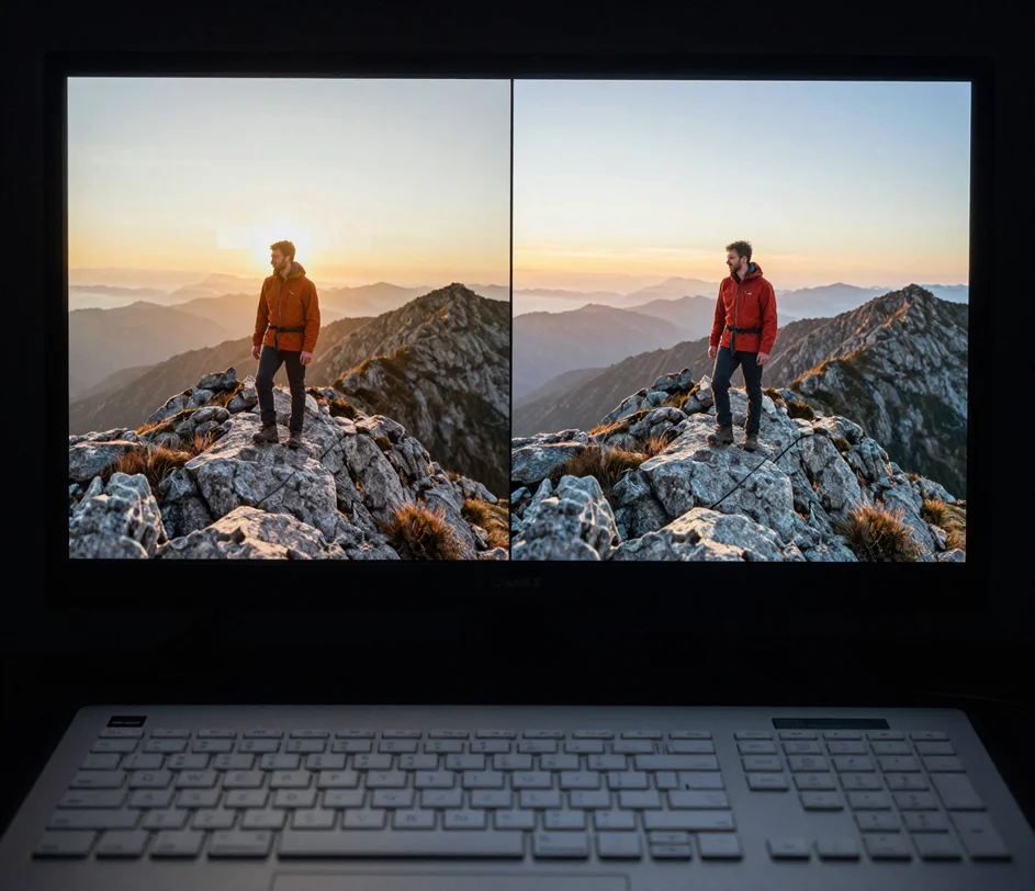 A split-screen comparison of the same clip — the left half soft and pixelated at low resolution, the right half rendered crisp at 4K by the AI video quality enhancer with restored edges and clean textures