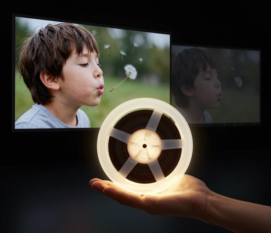 The finished clip playing in exquisite detail beside its soft original — the enhanced video handed off as a reel ready for any platform