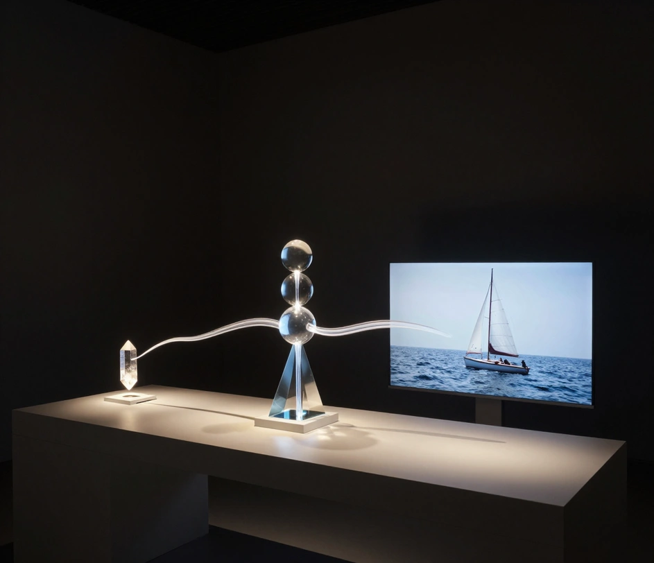 A three-stage enhancement journey — a video file flowing into an upload slot, a quality-tier panel showing 1080p and 4K targets, and the finished sharp clip playing beside the original