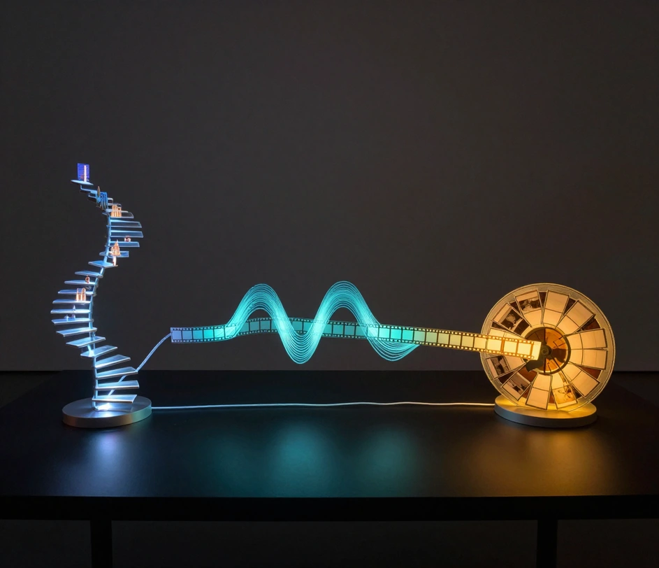 Three connected video-tool modules — a resolution gauge climbing to 4K, a subtitle track locking to a timeline, and an ad storyboard assembling into a finished cut