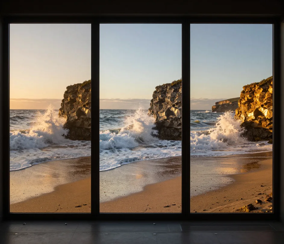 The same coastal footage compared across three quality tiers — a soft 1080p upscale, a crisp 4K reconstruction, and a generative master with restored micro-detail