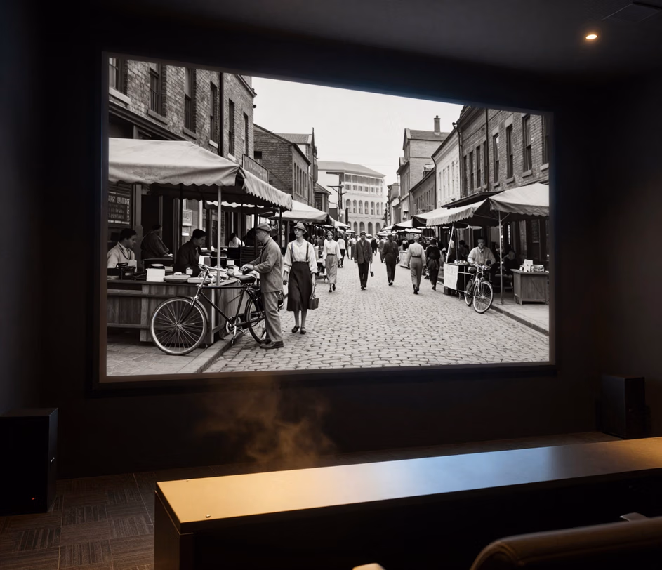 A flagship display revealing restored micro-detail in an archival clip — film grain tamed, textures rebuilt by the generative Master engine at up to 4K