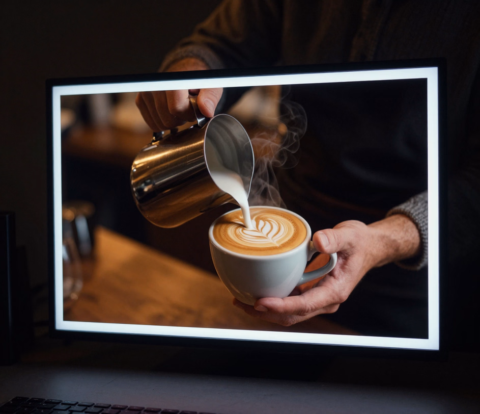 A premium monitor presenting a channel-intro clip at full 4K — per-frame texture detail reconstructed, edges razor-sharp in the Pro-engine render