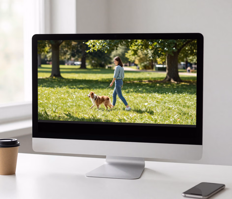 A bright desk monitor showing a park-walk clip upscaled to clean 1080p — pixelation gone, natural colors, the quick social-ready Standard-engine result