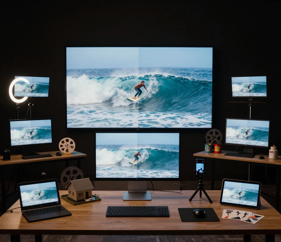 Five creator workspaces around a central 4K monitor — each showing the same footage before and after AI enhancement at different resolutions