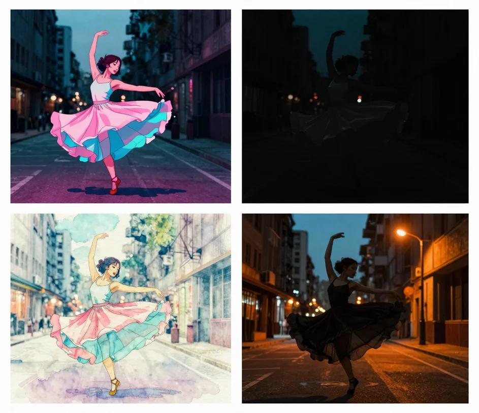Footage penari yang sama dirender dalam empat cara — anime vibrant, noir sinematik, cat air lembut, dan teal-oranye fotorealistis — membuktikan satu klip didandani ulang menjadi empat tampilan berbeda dengan gerakan yang identik