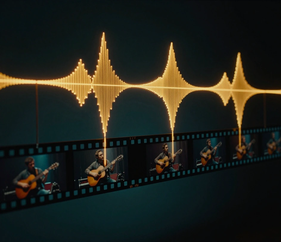 Gelombang audio kuning amber bercahaya yang saling mengunci dengan strip frame film, berkas cahaya tipis menghubungkan setiap puncak gelombang ke frame yang cocok saat visual berubah dan audio tetap terkunci