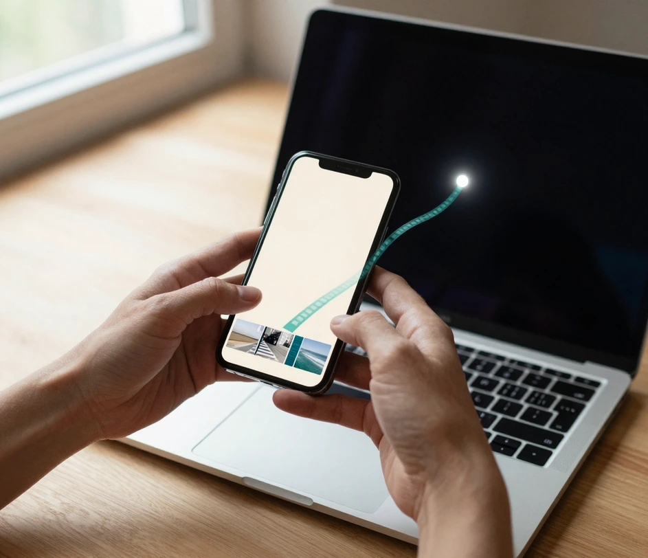 Sebuah ponsel dipegang di atas laptop saat pita frame film teal mengalir dari layar ponsel yang bercahaya menuju lingkaran cahaya drop-zone yang menunggu di komputer