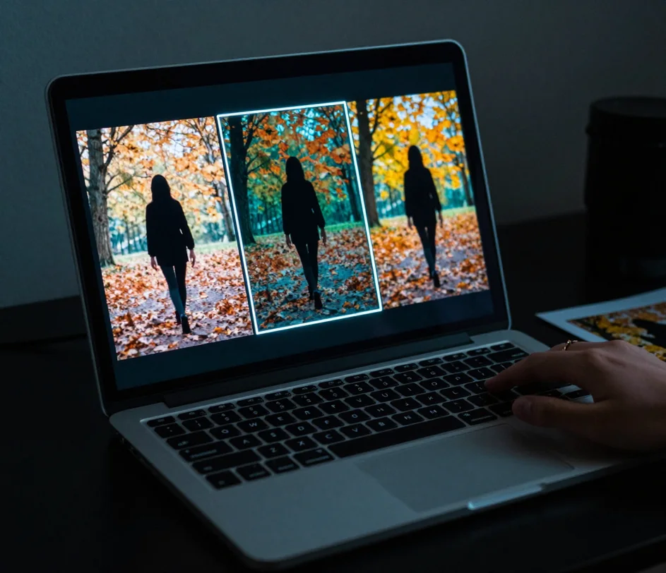 Layar laptop menampilkan klip siluet taman musim gugur yang sama dalam tiga varian pratinjau — satu bercahaya dengan garis seleksi terang — sementara jari melayang tepat setelah mengetuk