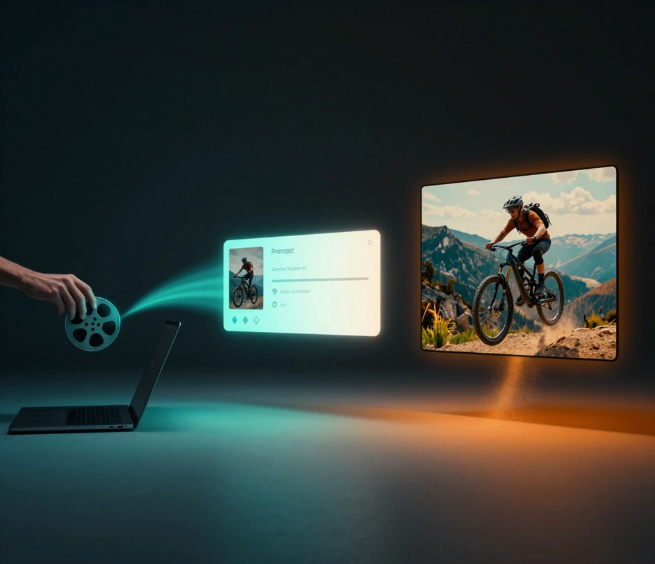 Perjalanan restyling tiga tahap — mengunggah klip sebagai aliran cahaya teal, memilih gaya di samping foto referensi, dan frame mountain-biker yang selesai dalam grading teal-oranye — disatukan oleh satu aliran cahaya gradien