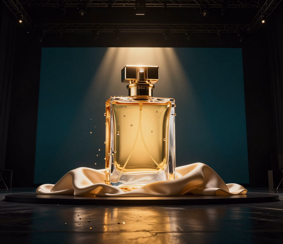 Layar unggulan menyajikan frame iklan botol parfum dalam cahaya keemasan cair dengan detail mikro tetesan yang sempurna dan berkas cahaya volumetrik — hasil kerja mesin Master siap 4K