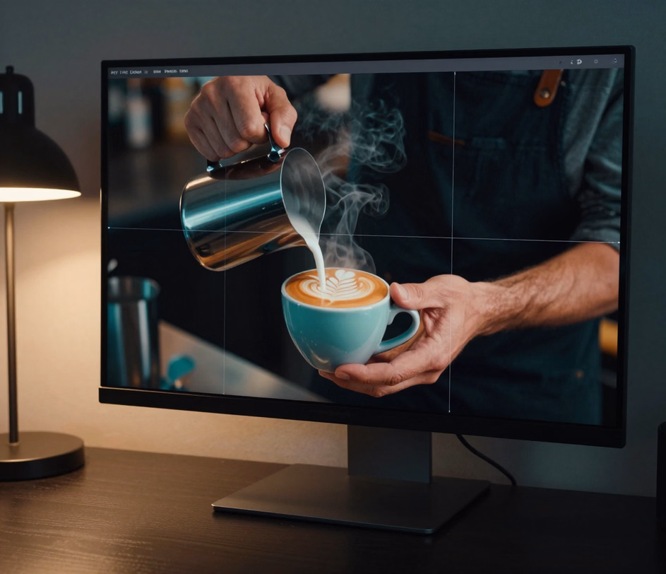 Monitor premium menampilkan latte art yang dituang dalam grading teal-oranye tajam dengan tekstur busu susu terlihat dan kisi cahaya halus yang mengekstrak detail per frame — render mesin Pro