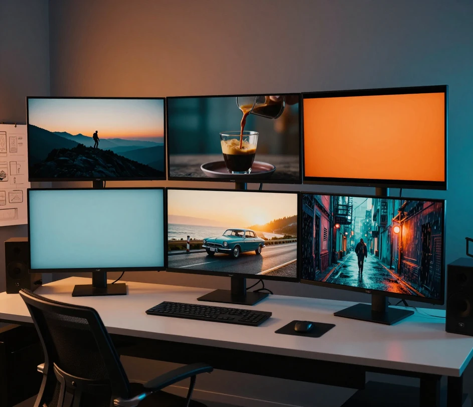 Studio produksi tim kreatif dengan empat monitor yang masing-masing menampilkan footage full-frame murni dalam grading berbeda — kontras tinggi, pastel, teal-oranye sinematik, dan korporat bersih — dari klip sumber bersama