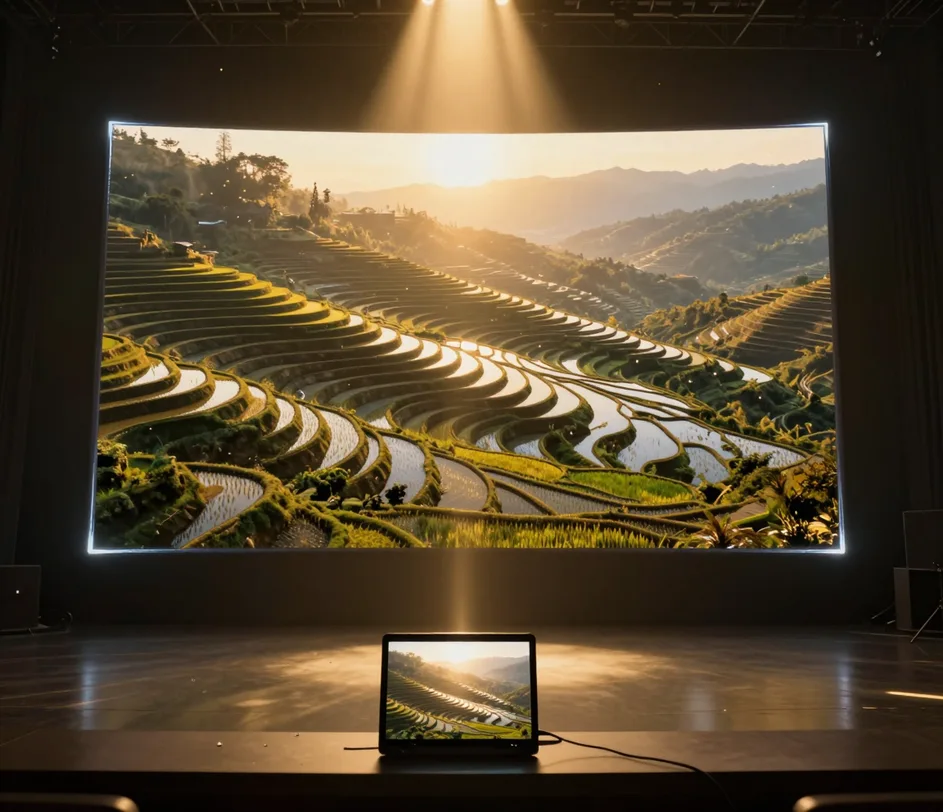 Uma grandiosa tela flutuante revelando um corte 4K de um clipe ampliado — texturas restauradas e bordas limpas brilhando acima da mesa de estúdio onde o original suave ainda é reproduzido
