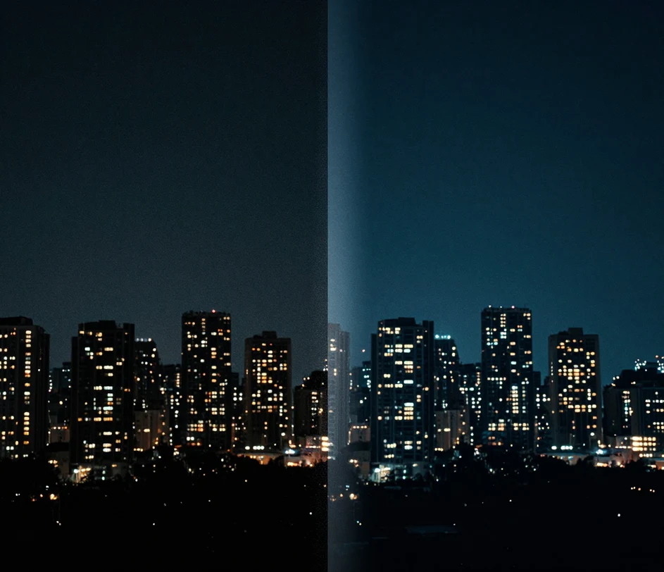 Um close de redução de ruído — ruído do sensor filtrado de um panorama urbano noturno enquanto o granulado intencional do vídeo original permanece intacto
